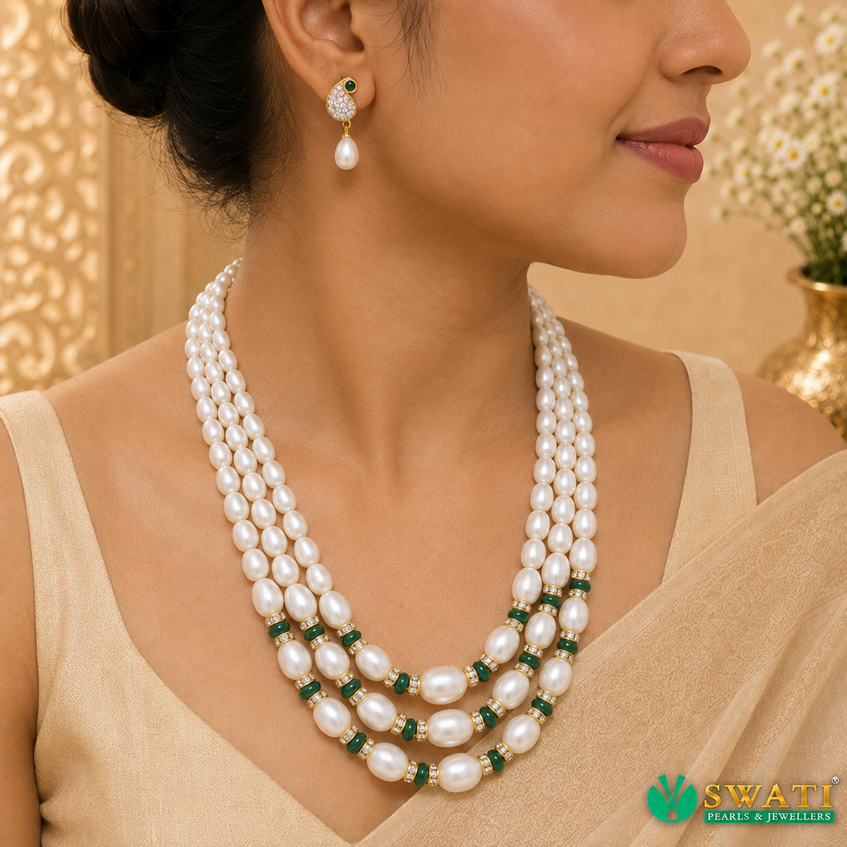 White Pearls Graded Green Combination Mala