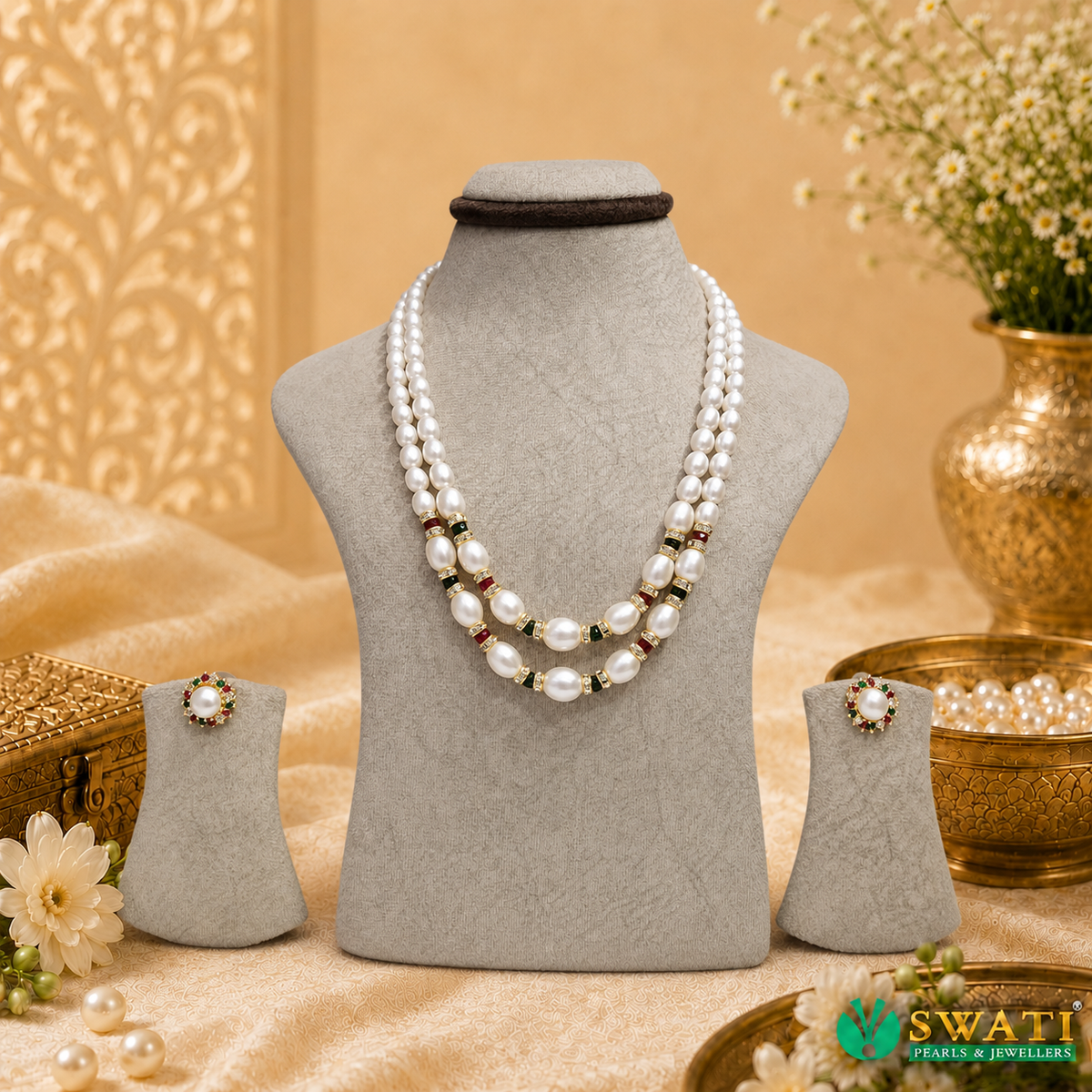 White Pearls Oval Shape Multi Combination Mala