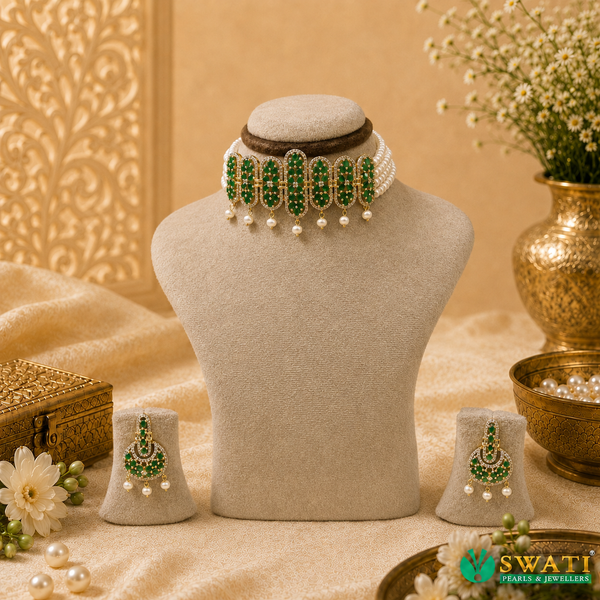 White Pearls With Green Stone Chowkar