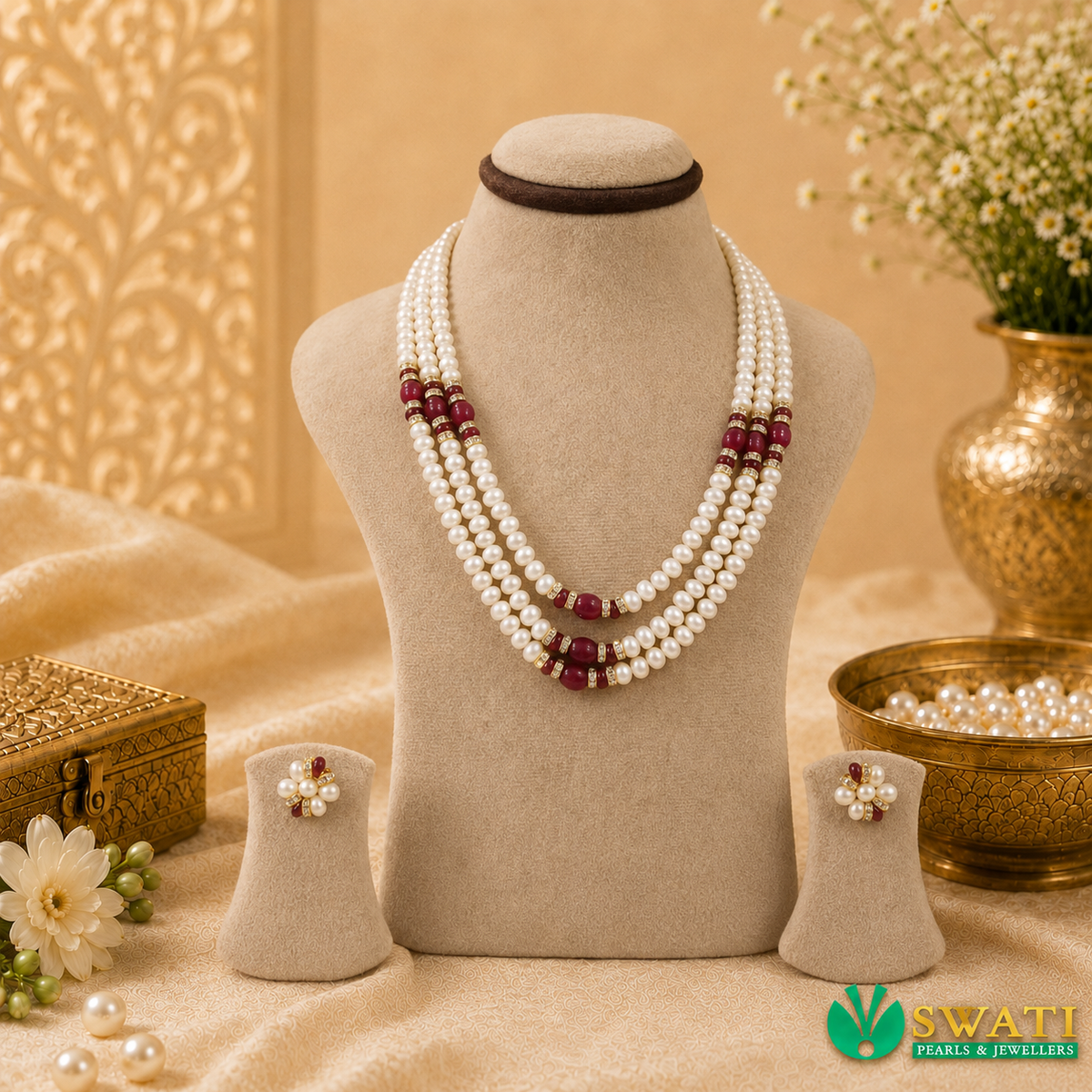 White Pearls Red Combination 3rows Mala