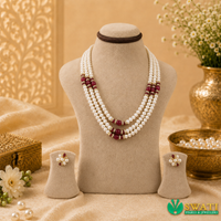 White Pearls Red Combination 3rows Mala
