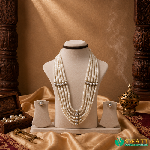 White Pearls With Gray 5rows Mala