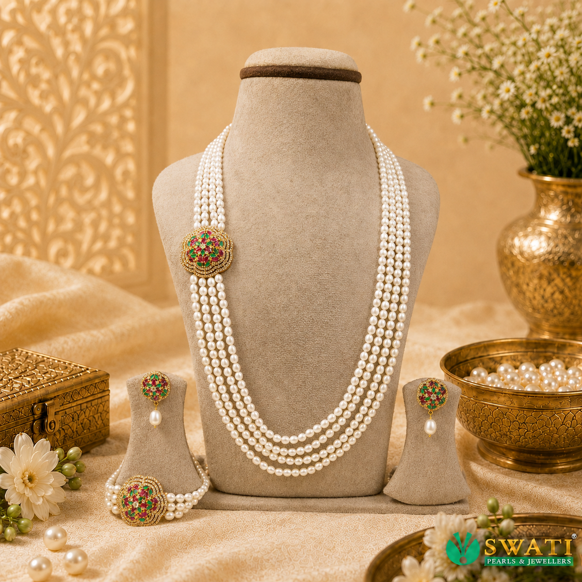 White Pearls With Multi Stones Side Brouch