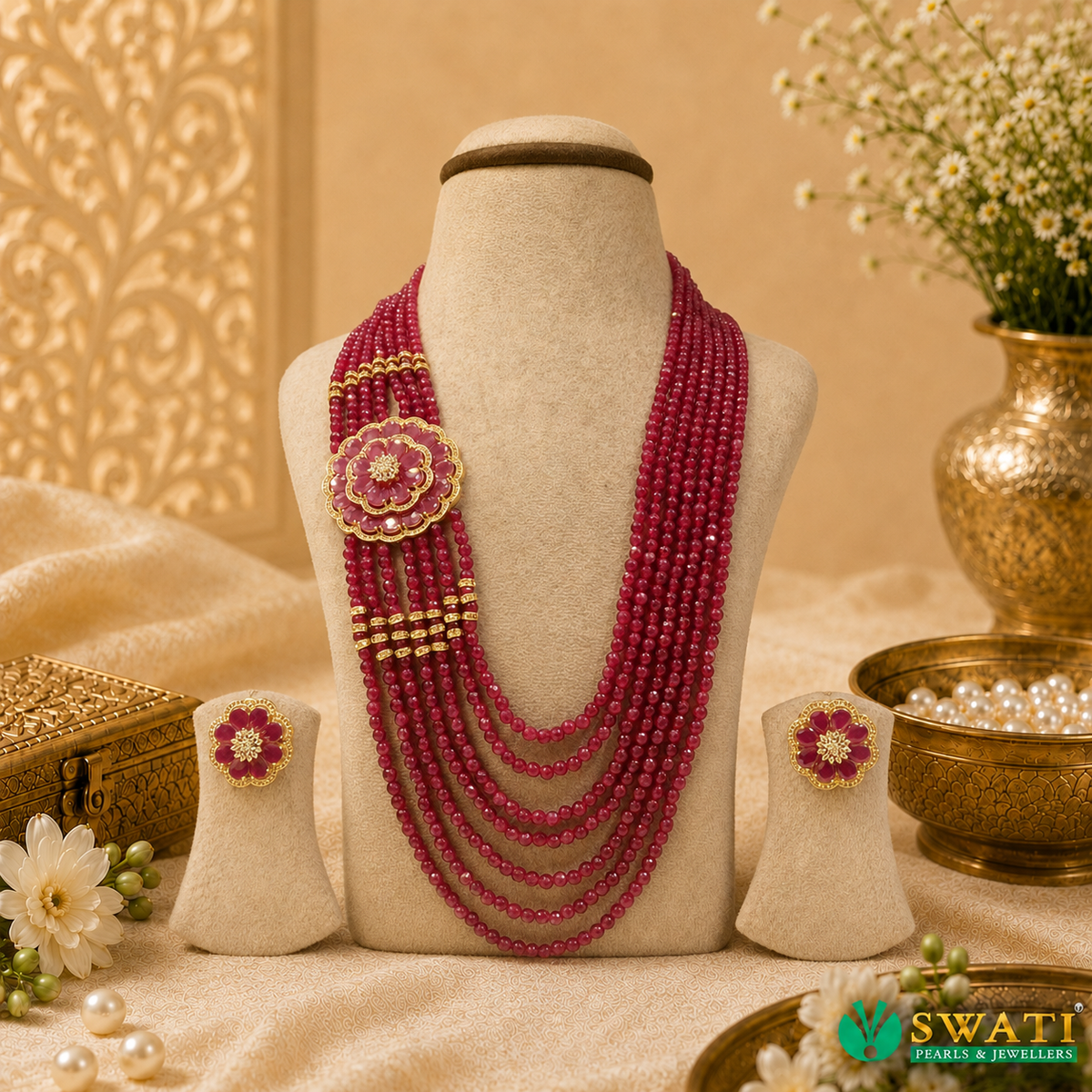Natural Stone Red Onax And White Stone Side Brouch Set