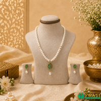 White Pearls With Green Stone Hangings Set