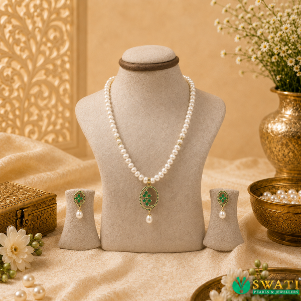 White Pearls With Green Stone Hangings Set