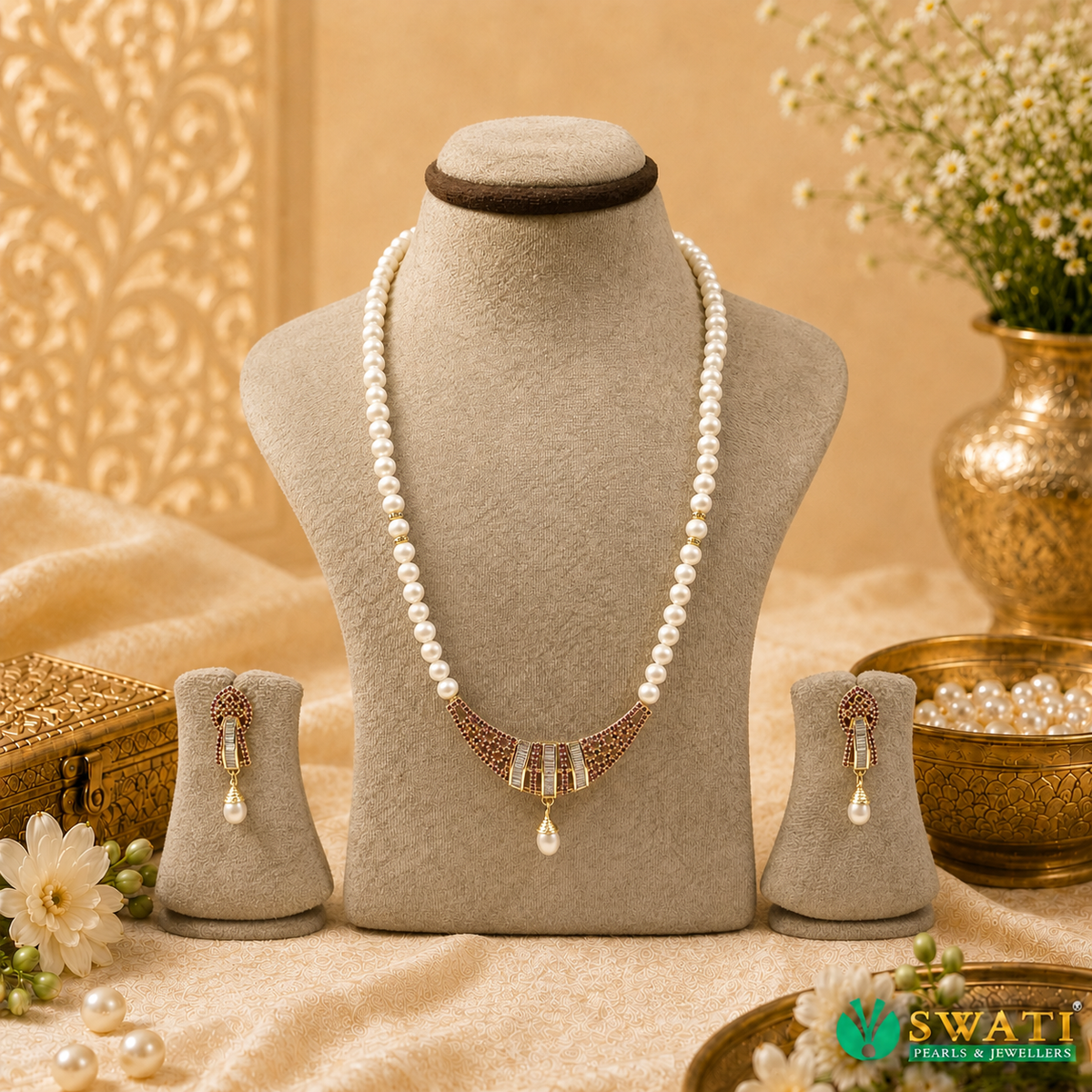 White Pearls Red And White Stone 1row