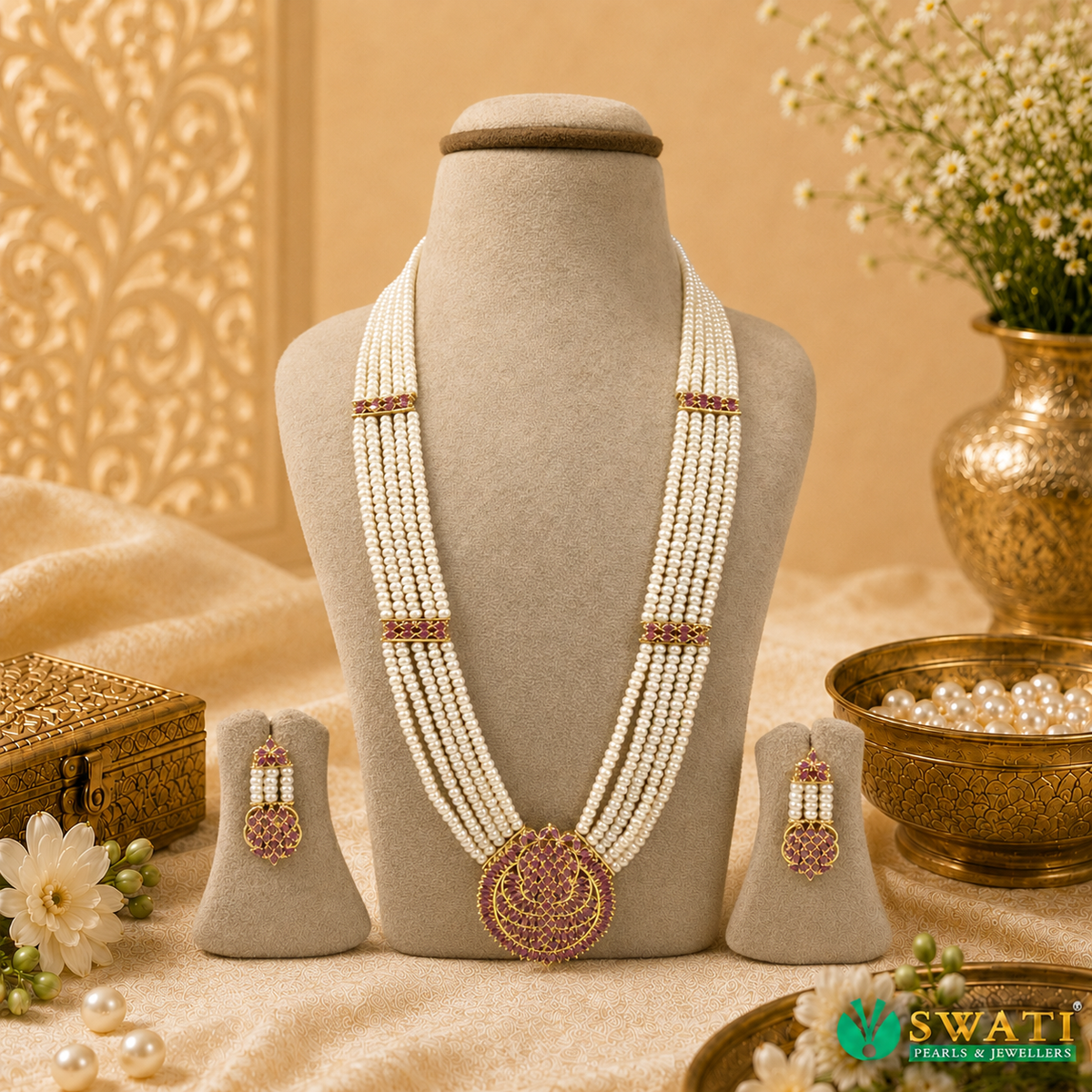 White Pearls Red Stone Rani Har