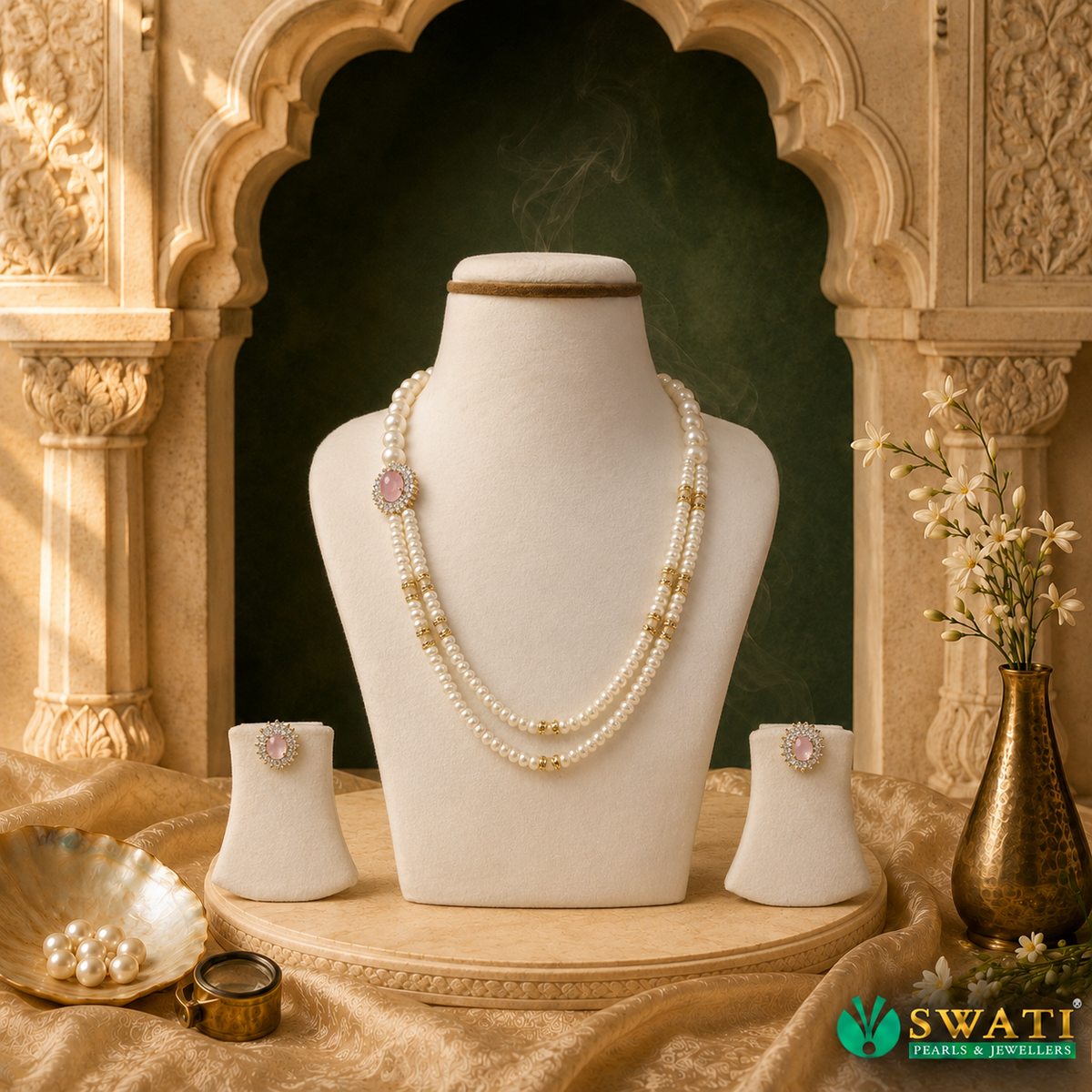 White Pearls Lite Pink Side Brouch Set