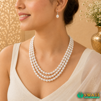 White Pearls Oval Shape 3rows Mala