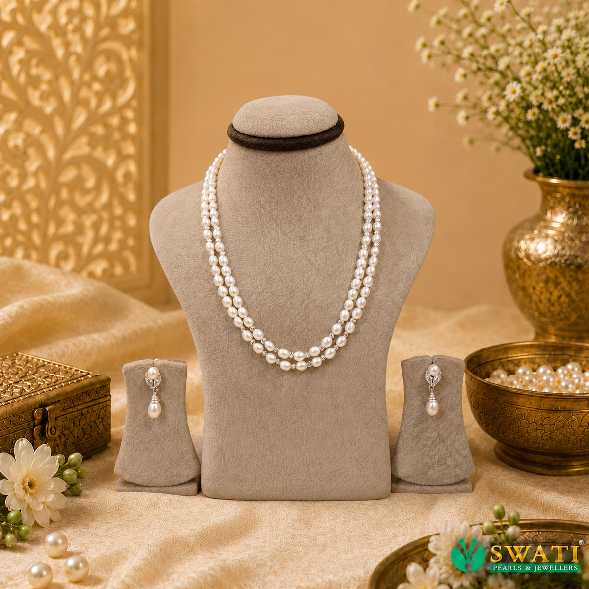 White Oval Shape Silver Balls Mala 2rows