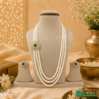 White Pearls With Green Stone Side Brouch