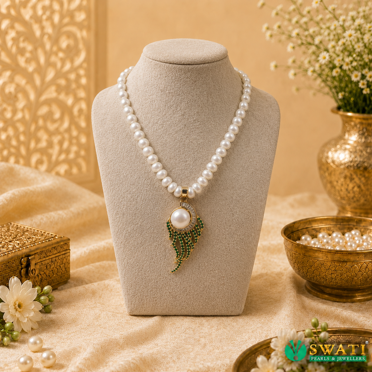 White Pearls With Green Stone Set