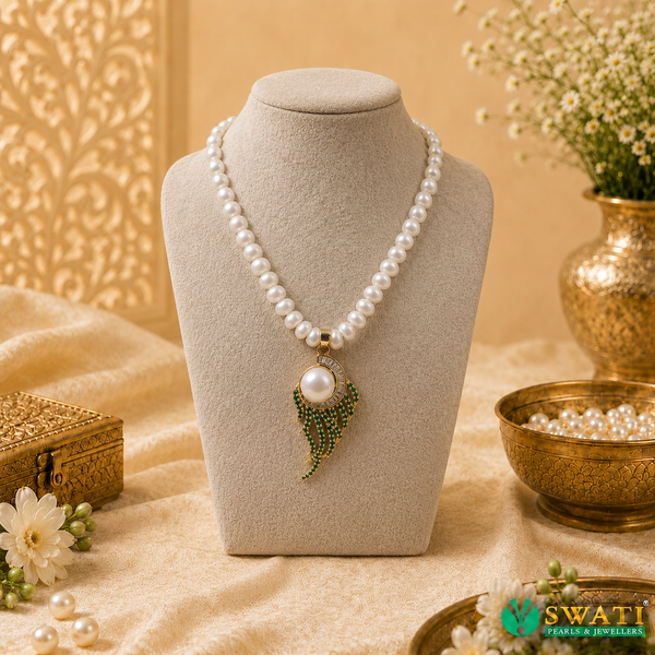 White Pearls With Green Stone Set