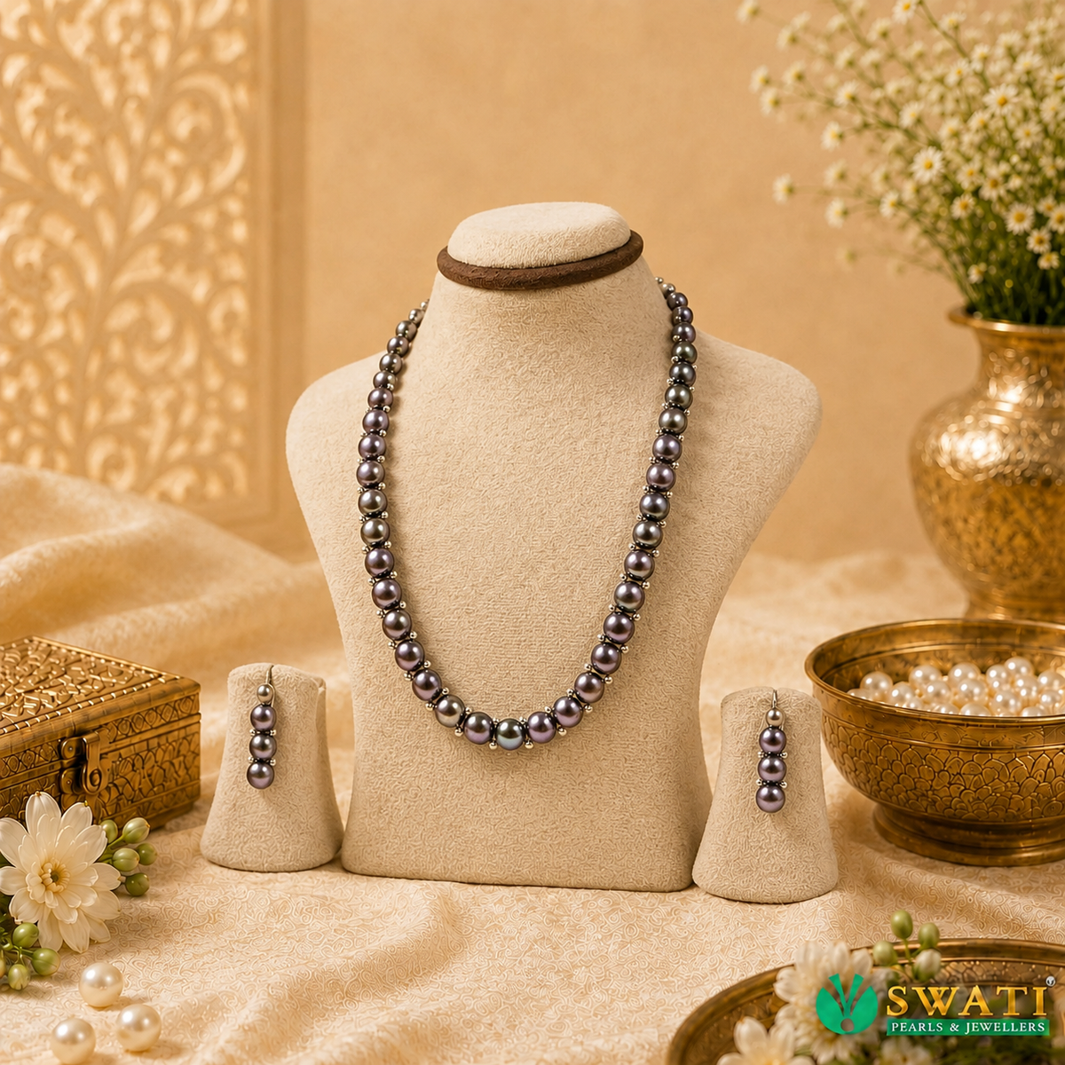 Black Falt Pearls Buttan Necklace