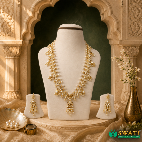 White Pearls Long Necklace Set