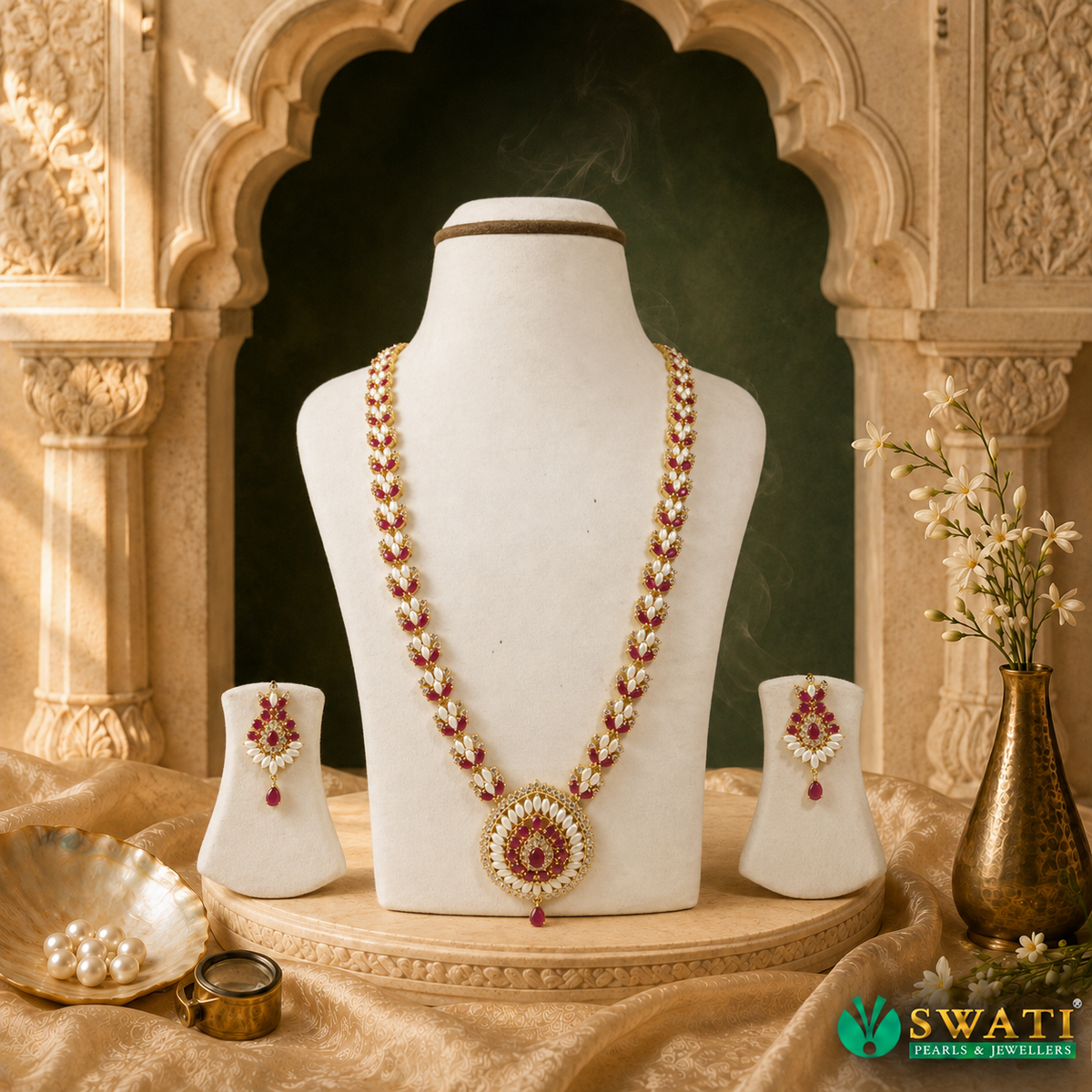 Rubby And White Stone White Pearls Long Necklace