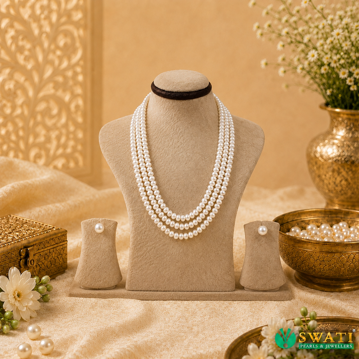 White Pearl Plain Mala 3rows