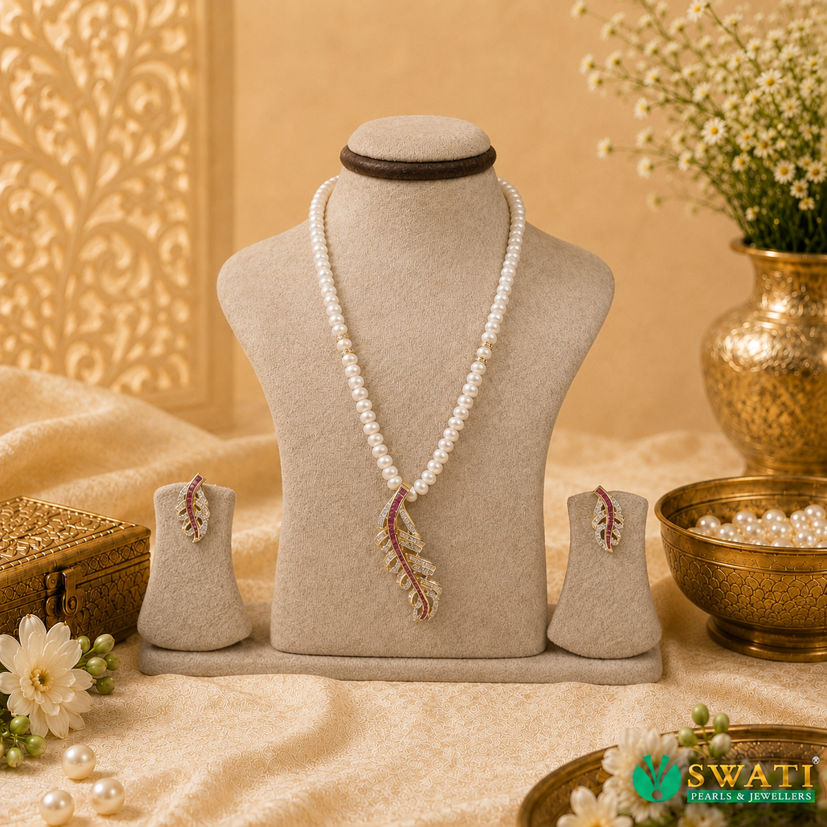 Red Stone And White Stone Pearl Set