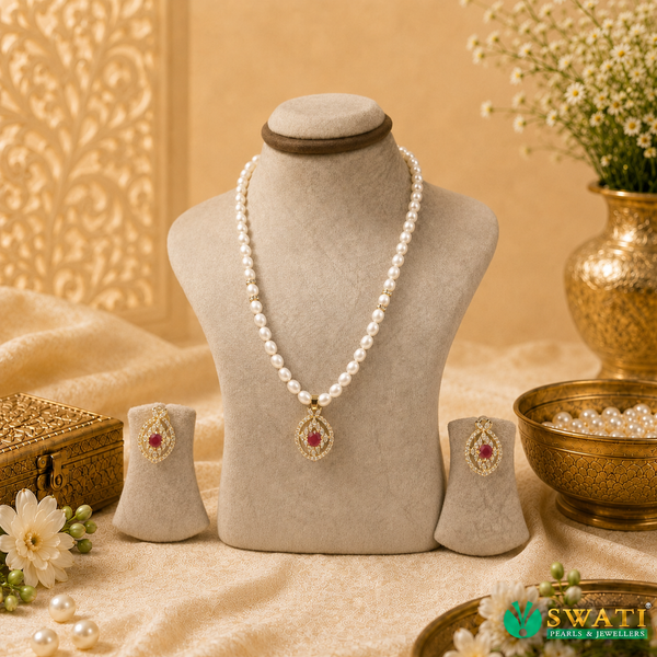 White Pearls With Red Stone Drop Set