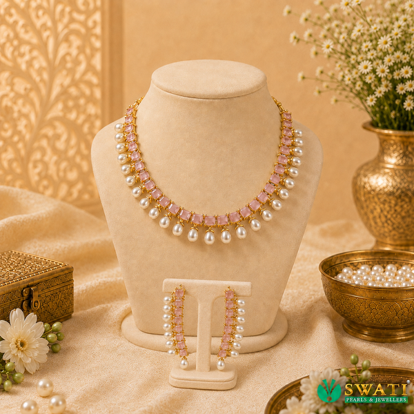 White Pearls With Pink Stone Necklace