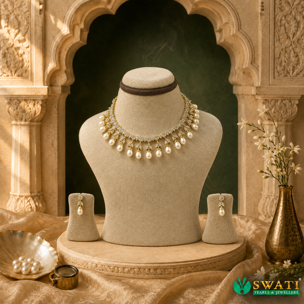 White Stone White Pearls Drop Necklace