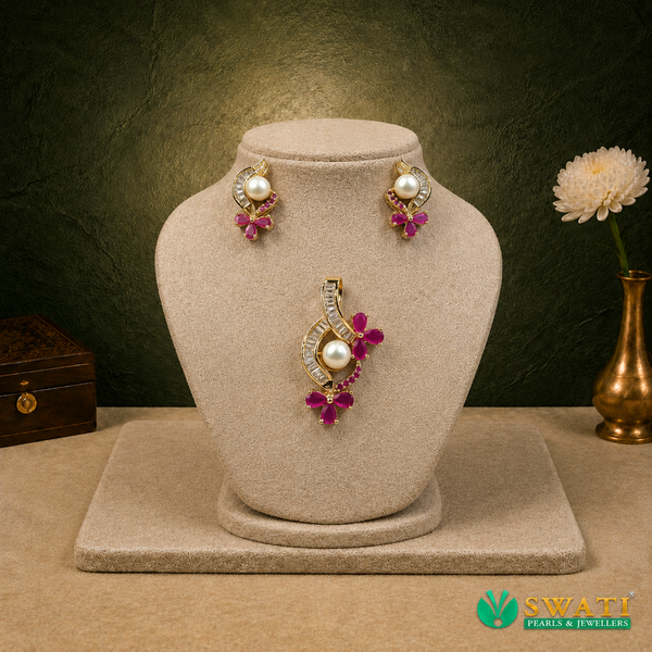 Pearls With Red Stone Pendant Set