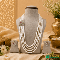White Pearls With Red Stone Side Brouch