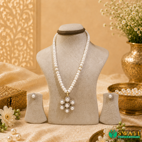 White Pearls With White Stone Pendant Set