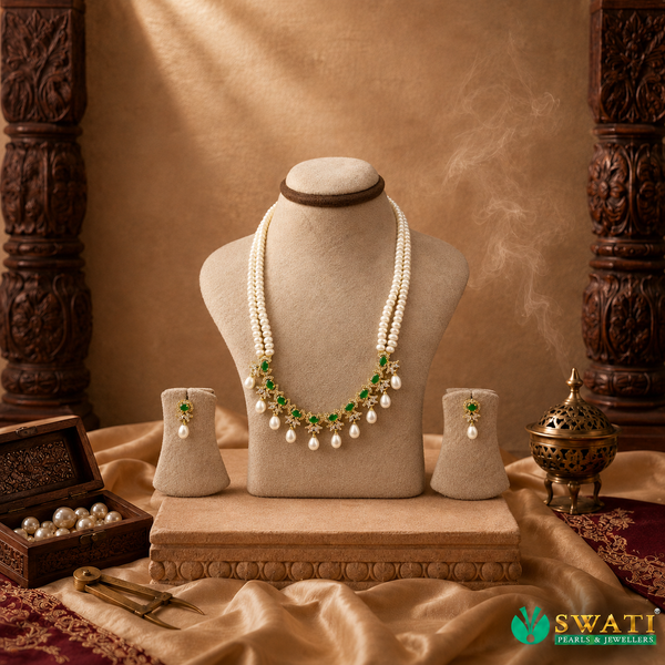White Pearlswith Green And White Stone 2lines Adsets