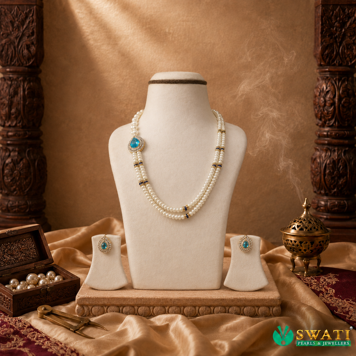 White Pearls With Lite Blue Stone Set