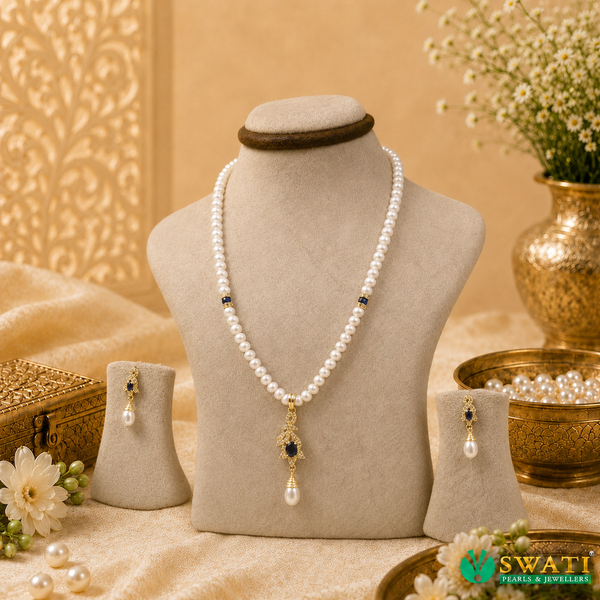White Pearls With Blue Stone Hangings Set