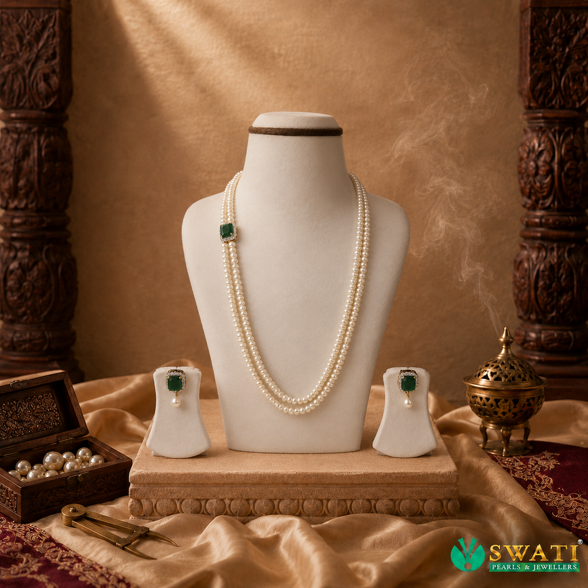 Natural White Pearls With Dark Green Side Brouch Set