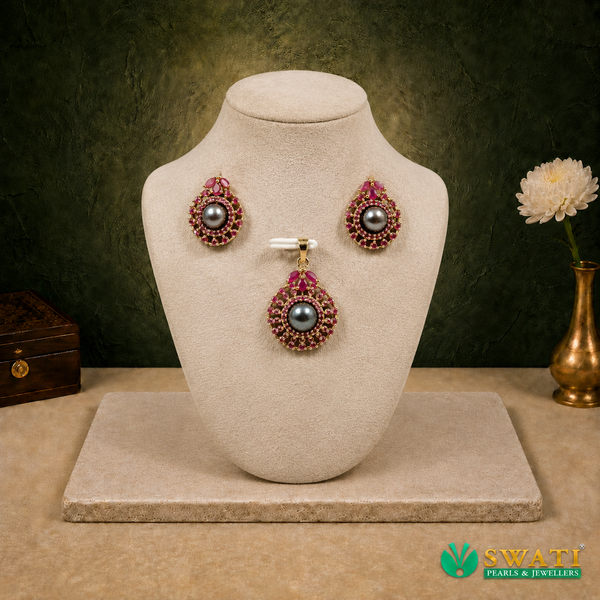 Black Pearl With Red Stone Pendant