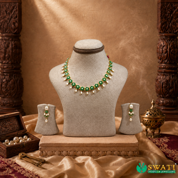 Pearls With Green Stone Necklace