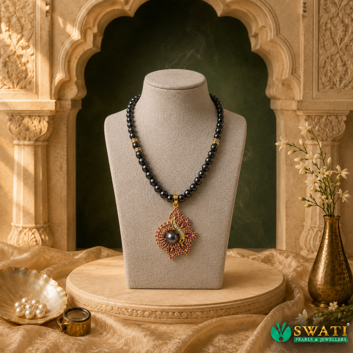 Black Pearls Red Stone Set