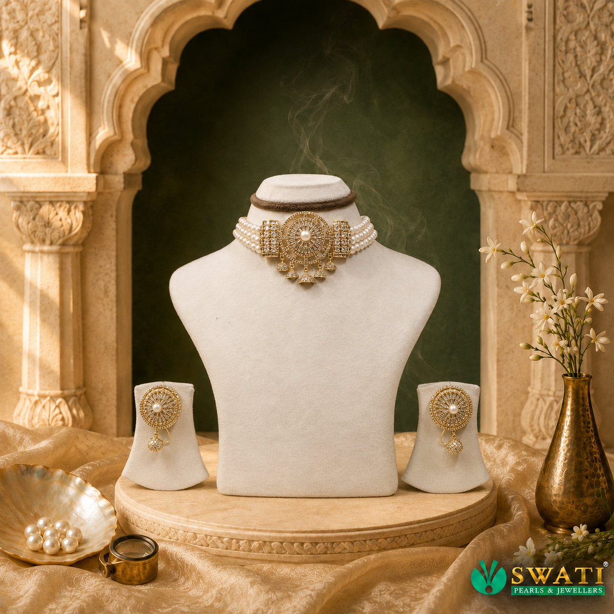 White Pearls With White Stone Set