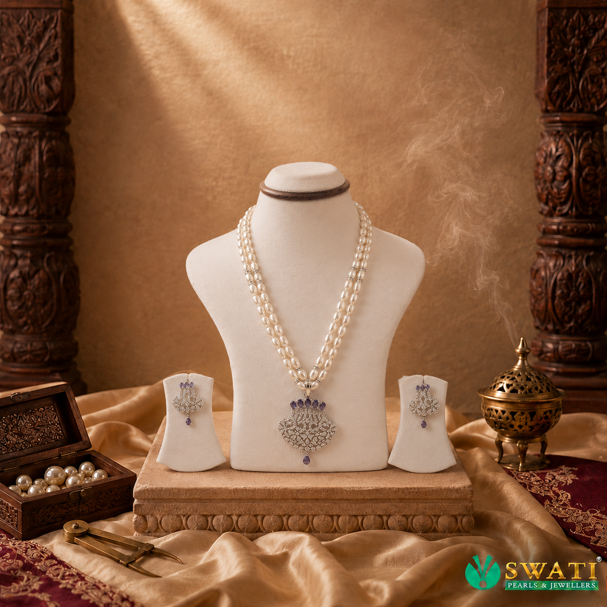 White Pearls Purple And White Stone Set