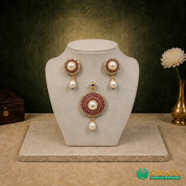 White Pearls Red And White Stone Hangings Pendant Set