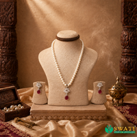 White Pearls With Silver Red Stone Set