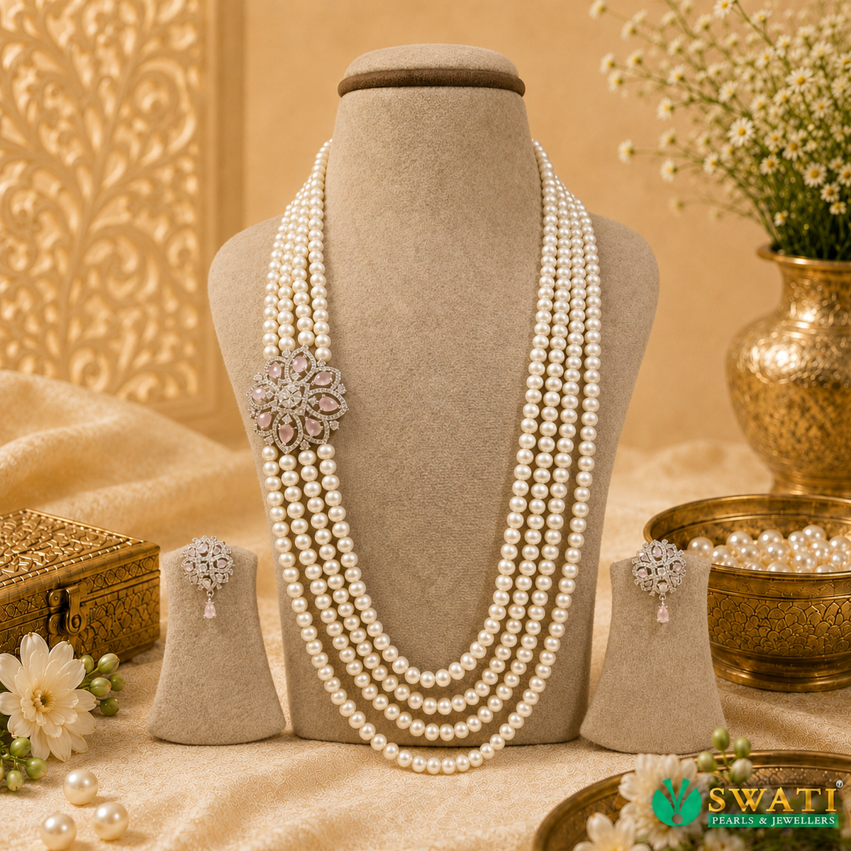 White Pearls With Pink Stone Side Brouch