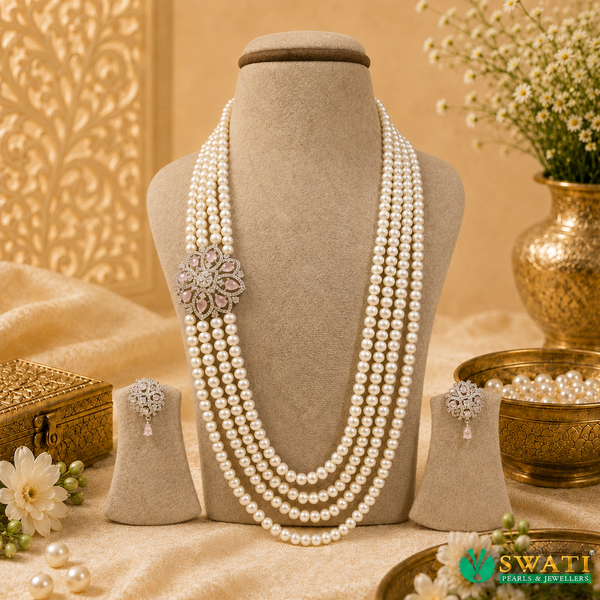 White Pearls With Pink Stone Side Brouch
