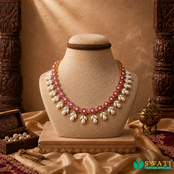 White Pearls With Rubby Stone AD Necklace