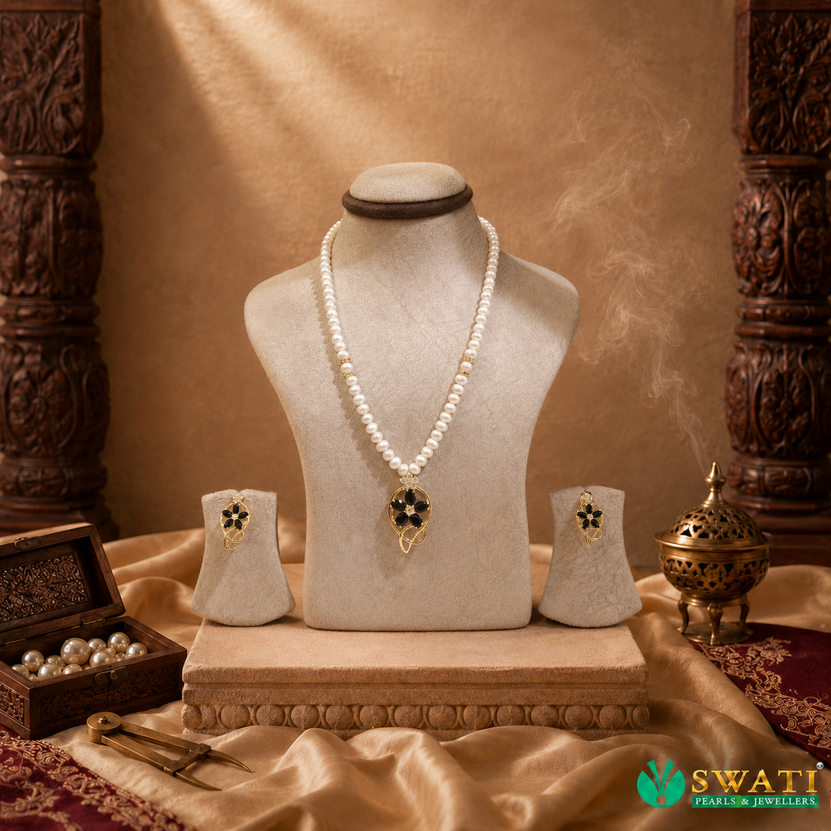 White Pearls Black Stone Drop Set
