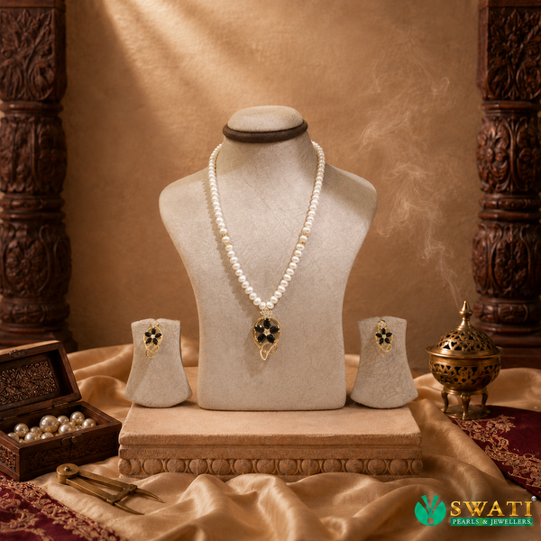 White Pearls Black Stone Drop Set