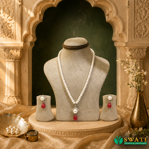 White Pearlsbcoral With Silver Set