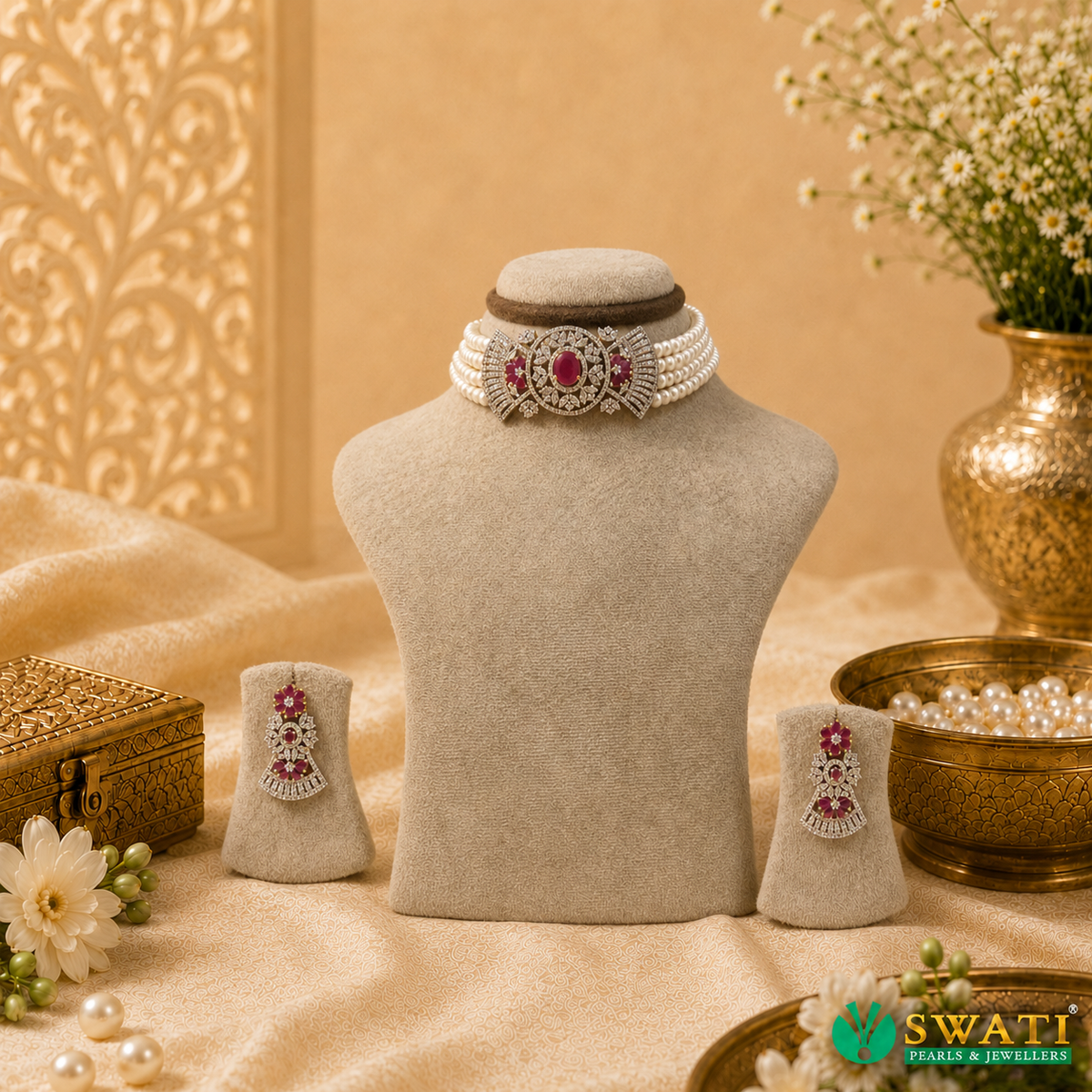 White Pearls With Red Stone Chowkar
