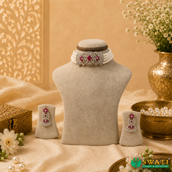 White Pearls With Red Stone Chowkar