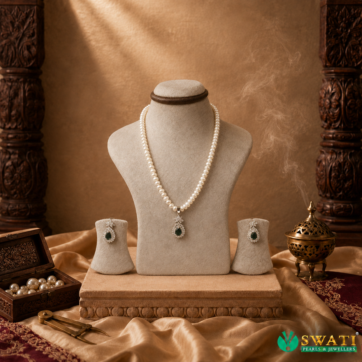 White Pearls With Green Onyx Set