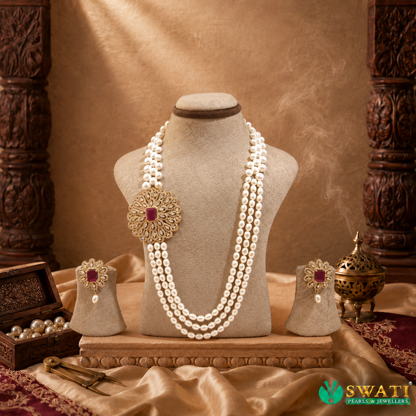 White Pearls With Red And White Stone Side Brouch
